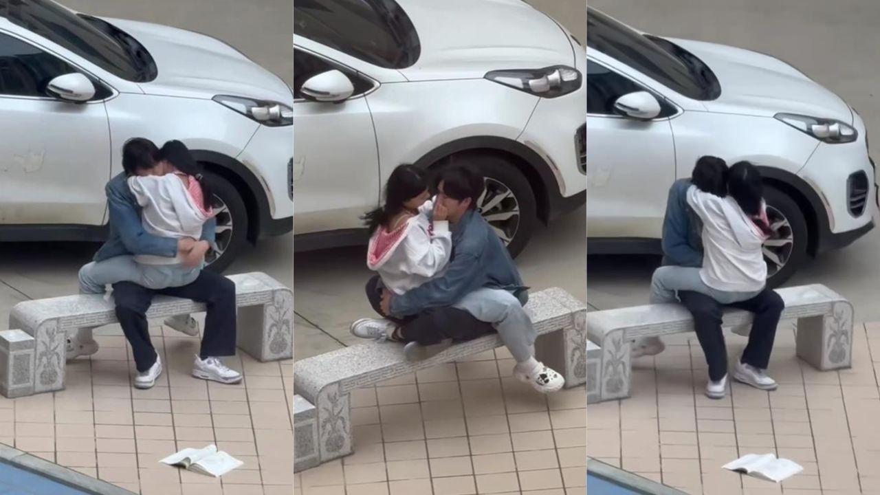 海洋学院小情侣石凳长椅户外亲热视频曝光 旁若无人舌吻摸奶揉臀 发春妹子骑乘扭动 赶紧开个房打一炮吧